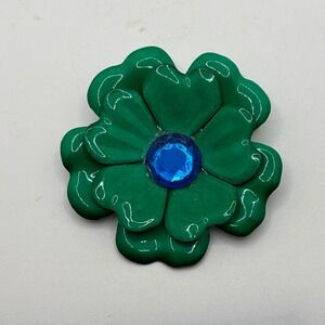 Green Flower Brooch Blue Rhinestone‎ Pin Vintage Style Jewelry Accessory